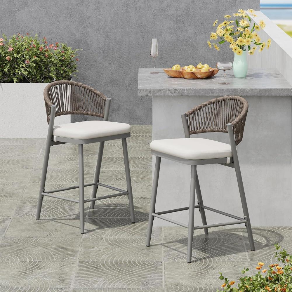 image:imageChristopher Knight Home Hearth 2600 H Patio Barstools Set of 2 Woven Wicker Counter Stool PE Rattan ScallopShaped Backrest Bar Chair Metal Frame Barstool for Backyard Balcony Garden BlackGrayMetal