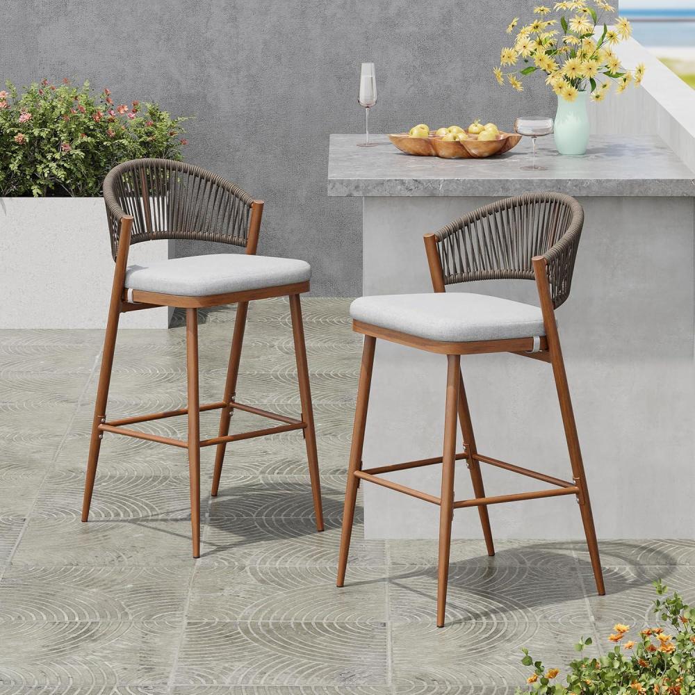 image:imageChristopher Knight Home Hearth 3025 Patio Barstools Set of 2 Woven Wicker Counter Stool Aluminum Frame Barstool PE Rattan ScallopShape Backrest Woodlike Stool for Backyard Balcony Garden TeakTeakAluminum