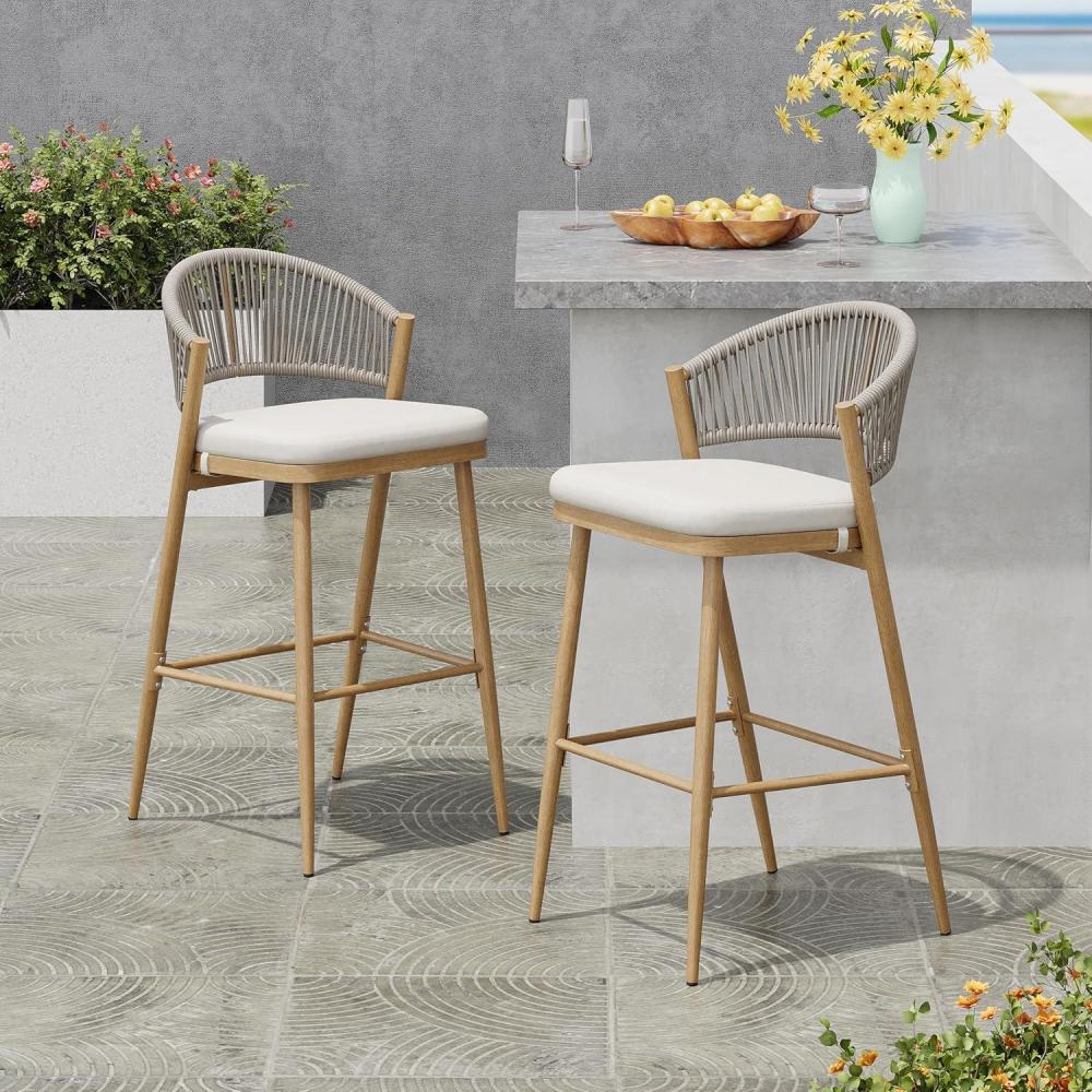 image:imageChristopher Knight Home Hearth 3025 Patio Barstools Set of 2 Woven Wicker Counter Stool Aluminum Frame Barstool PE Rattan ScallopShape Backrest Woodlike Stool for Backyard Balcony Garden TeakMapleAluminum