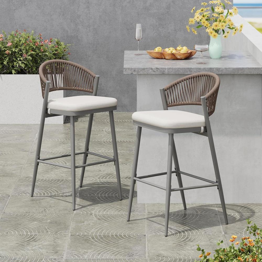 image:imageChristopher Knight Home Hearth 3025 Patio Barstools Set of 2 Woven Wicker Counter Stool Aluminum Frame Barstool PE Rattan ScallopShape Backrest Woodlike Stool for Backyard Balcony Garden TeakGrayMetal