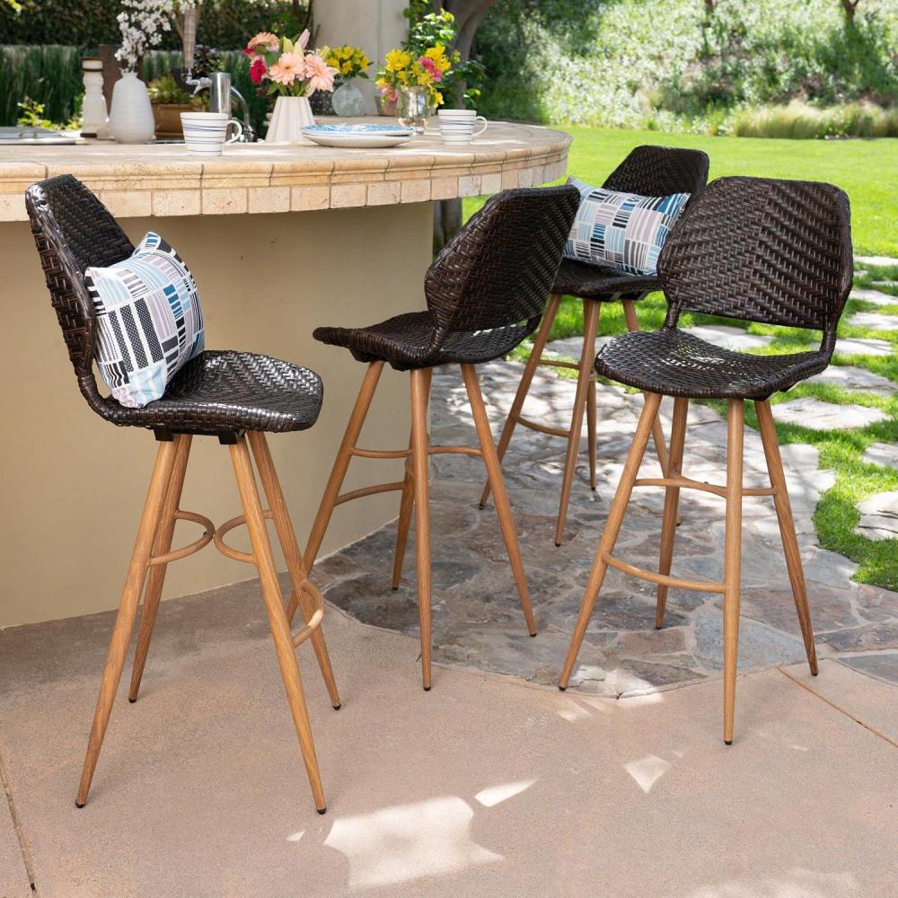 image:imageChristopher Knight Home Laryn Outdoor Wicker Barstools with Wood Finish Metal Legs 4Pcs Set Multibrown  Brown