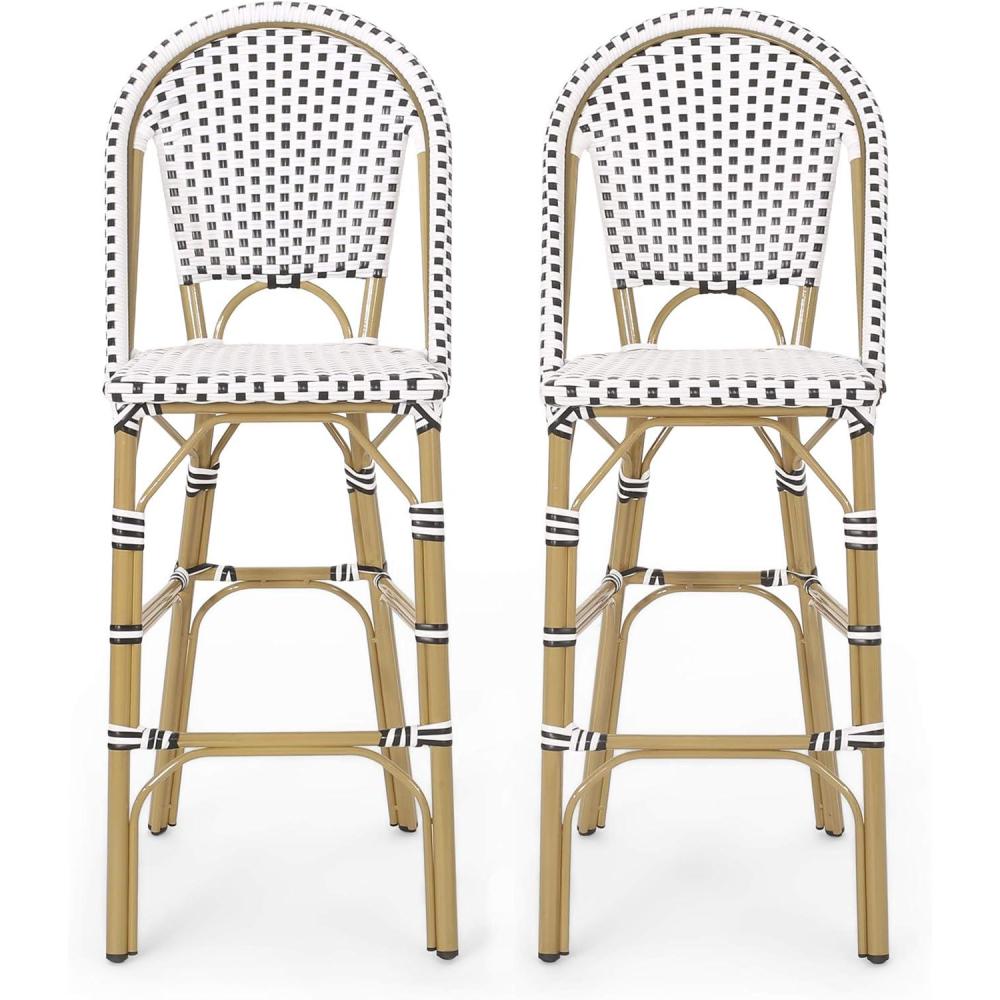 image:imageKinner Outdoor French Bistro Barstools  Aluminum and Wicker  Dark TealWhiteBamboo Finish Set of 2Black  White  Bamboo Print Finish