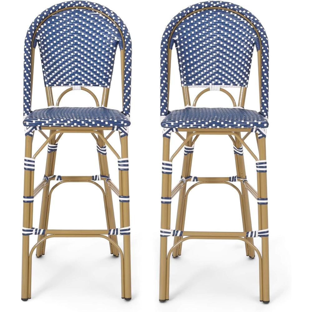image:imageKinner Outdoor French Bistro Barstools  Aluminum and Wicker  Dark TealWhiteBamboo Finish Set of 2Dark Teal  White  Bamboo Print Finish