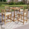 Christopher Knight Home Barron 5-Piece Acacia Wood Patio Bar Set, Patio Bar Table and Stools Set, Soft Seat Cushions, Rattan/Wicker Dining Set for Garden, Backyard, Poolside, Balcony,Teak + Dark Gray(Teak + Beige N)