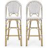 Kinner Outdoor French Bistro Barstools – Aluminum and Wicker – Dark Teal/White/Bamboo Finish (Set of 2)(Black + White + Bamboo Print Finish)