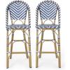 Kinner Outdoor French Bistro Barstools – Aluminum and Wicker – Dark Teal/White/Bamboo Finish (Set of 2)(Navy Blue + White + Bamboo Print Finish)