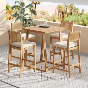 Christopher Knight Home Barron 5-Piece Acacia Wood Patio Bar Set, Patio Bar Table and Stools Set, Soft Seat Cushions, Rattan/Wicker Dining Set for Garden, Backyard, Poolside, Balcony,Teak + Dark Gray(Teak + Beige N)