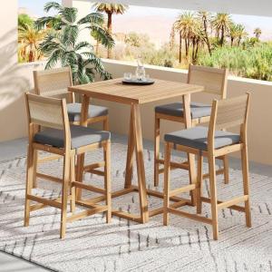 Christopher Knight Home Barron 5-Piece Acacia Wood Patio Bar Set, Patio Bar Table and Stools Set, Soft Seat Cushions, Rattan/Wicker Dining Set for Garden, Backyard, Poolside, Balcony,Teak + Dark Gray(Teak + Dark Gray)