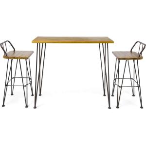 Christopher Knight Home Denali Outdoor Industrial Acacia Wood Bar Set with Finished Iron Frame, Teak Finish / Rustic Metal