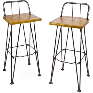 Christopher Knight Home Denali Outdoor Industrial Acacia Wood Barstools with Finished Iron Frame, 2-Pcs Set, Teak Finish / Rustic Metal