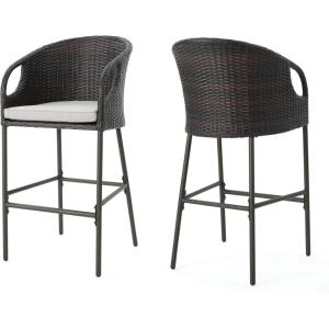 Christopher Knight Home Dominica Outdoor Wicker Barstools with Water Resistant Cushions, 2-Pcs Set, Multibrown / Light Brown