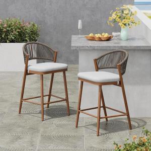 Christopher Knight Home Hearth 26.00″ H Patio Barstools Set of 2, Woven Wicker Counter Stool, PE Rattan Scallop-Shaped Backrest Bar Chair, Metal Frame Barstool for Backyard Balcony Garden, Black(Teak/Aluminum)