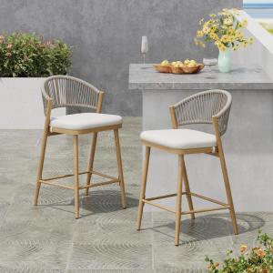 Christopher Knight Home Hearth 26.00″ H Patio Barstools Set of 2, Woven Wicker Counter Stool, PE Rattan Scallop-Shaped Backrest Bar Chair, Metal Frame Barstool for Backyard Balcony Garden, Black(Maple/Aluminum)