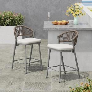 Christopher Knight Home Hearth 26.00″ H Patio Barstools Set of 2, Woven Wicker Counter Stool, PE Rattan Scallop-Shaped Backrest Bar Chair, Metal Frame Barstool for Backyard Balcony Garden, Black(Gray/Metal)