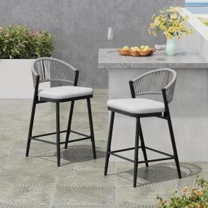 Christopher Knight Home Hearth 26.00″ H Patio Barstools Set of 2, Woven Wicker Counter Stool, PE Rattan Scallop-Shaped Backrest Bar Chair, Metal Frame Barstool for Backyard Balcony Garden, Black(Black/Metal)
