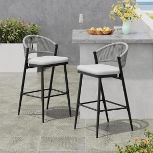 Christopher Knight Home Hearth 30.25″ Patio Barstools Set of 2, Woven Wicker Counter Stool, Aluminum Frame Barstool, PE Rattan Scallop-Shape Backrest Woodlike Stool for Backyard Balcony Garden, Teak(Black/Metal)