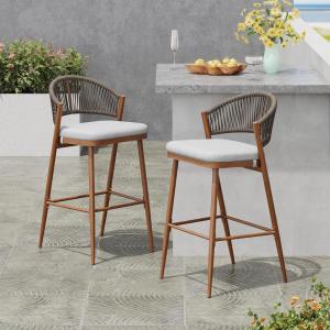 Christopher Knight Home Hearth 30.25″ Patio Barstools Set of 2, Woven Wicker Counter Stool, Aluminum Frame Barstool, PE Rattan Scallop-Shape Backrest Woodlike Stool for Backyard Balcony Garden, Teak(Teak/Aluminum)