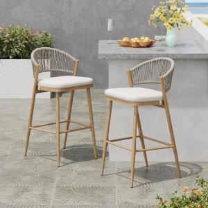 Christopher Knight Home Hearth 30.25″ Patio Barstools Set of 2, Woven Wicker Counter Stool, Aluminum Frame Barstool, PE Rattan Scallop-Shape Backrest Woodlike Stool for Backyard Balcony Garden, Teak(Maple/Aluminum)