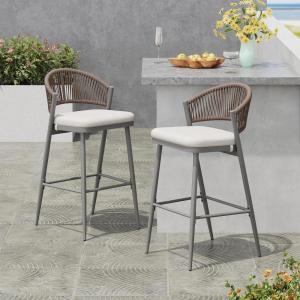 Christopher Knight Home Hearth 30.25″ Patio Barstools Set of 2, Woven Wicker Counter Stool, Aluminum Frame Barstool, PE Rattan Scallop-Shape Backrest Woodlike Stool for Backyard Balcony Garden, Teak(Gray/Metal)