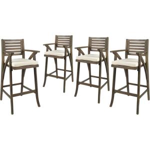 Christopher Knight Home Hermosa Outdoor Acacia Wood Barstool (Set of 4), Grey with Cream Cushion
