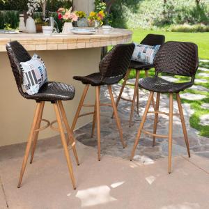 Christopher Knight Home Laryn Outdoor Wicker Barstools with Wood Finish Metal Legs, 4-Pcs Set, Multibrown / Brown