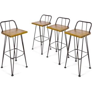 Christopher Knight Home Leonardo Outdoor Industrial Acacia Wood Barstools with Finished Iron Frame, 4-Pcs Set, Teak Finish / Rustic Metal