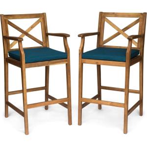 Christopher Knight Home Logan Outdoor Acacia Wood Barstool, Teak Finish/Blue