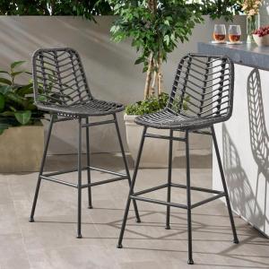 Christopher Knight Home Outdoor Wicker Barstools (Set of 2), Gray and Black
