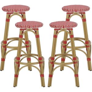 Christopher Knight Home Starla Outdoor 29.5 Inch Barstools – Aluminum and Wicker – Red/White/Bamboo Finish (Set of 4)