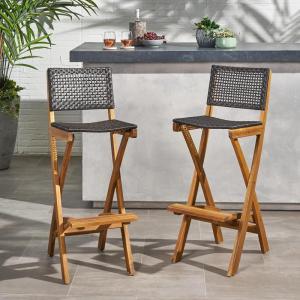 Great Deal Furniture Constance Outdoor Folding Acacia Wood Barstools (Set of 2), Dark Gray and Brown(Teak)
