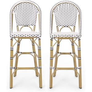 Kinner Outdoor French Bistro Barstools – Aluminum and Wicker – Dark Teal/White/Bamboo Finish (Set of 2)(Black + White + Bamboo Print Finish)