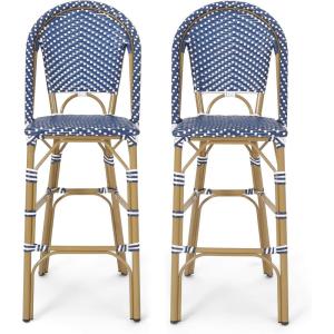 Kinner Outdoor French Bistro Barstools – Aluminum and Wicker – Dark Teal/White/Bamboo Finish (Set of 2)(Dark Teal + White + Bamboo Print Finish)