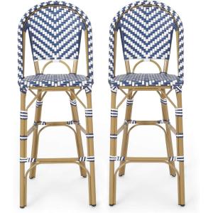 Kinner Outdoor French Bistro Barstools – Aluminum and Wicker – Dark Teal/White/Bamboo Finish (Set of 2)(Navy Blue + White + Bamboo Print Finish)
