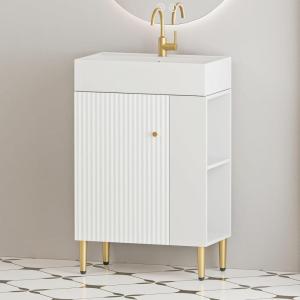Christopher Knight Home Catrioa 21.6″ Open-Shelving Bathroom Vanity with Ceramic Sink and Soft-Closing Door, Cloakroom Open Shelf Storage Cabinet on The Right Side, Assembly Required, White(White right Side Open Shelf)