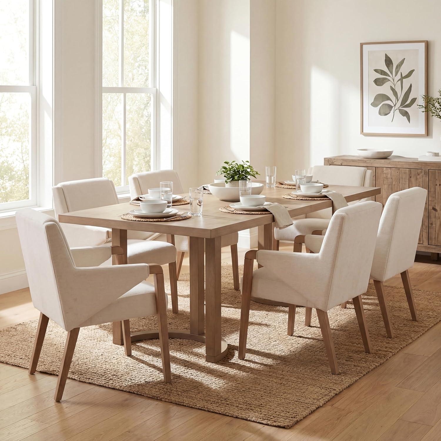 image:imageChristopher Knight Home Maya 7 Piece Dining Table Set For 6 Wooden Table With Ushaped Trestle Base And Upholstered Arm Chairs Modern Dining Set For Kitchen And Dining Room FurnitureBeigeLight Ash