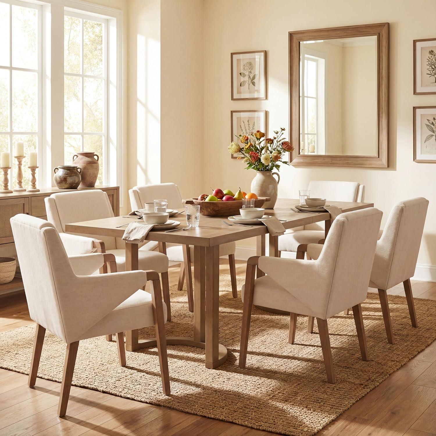 image:imageChristopher Knight Home Maya 7 Piece Dining Table Set For 6 Wooden Table With Ushaped Trestle Base And Upholstered Arm Chairs Modern Dining Set For Kitchen And Dining Room FurnitureBeigeLight Ash