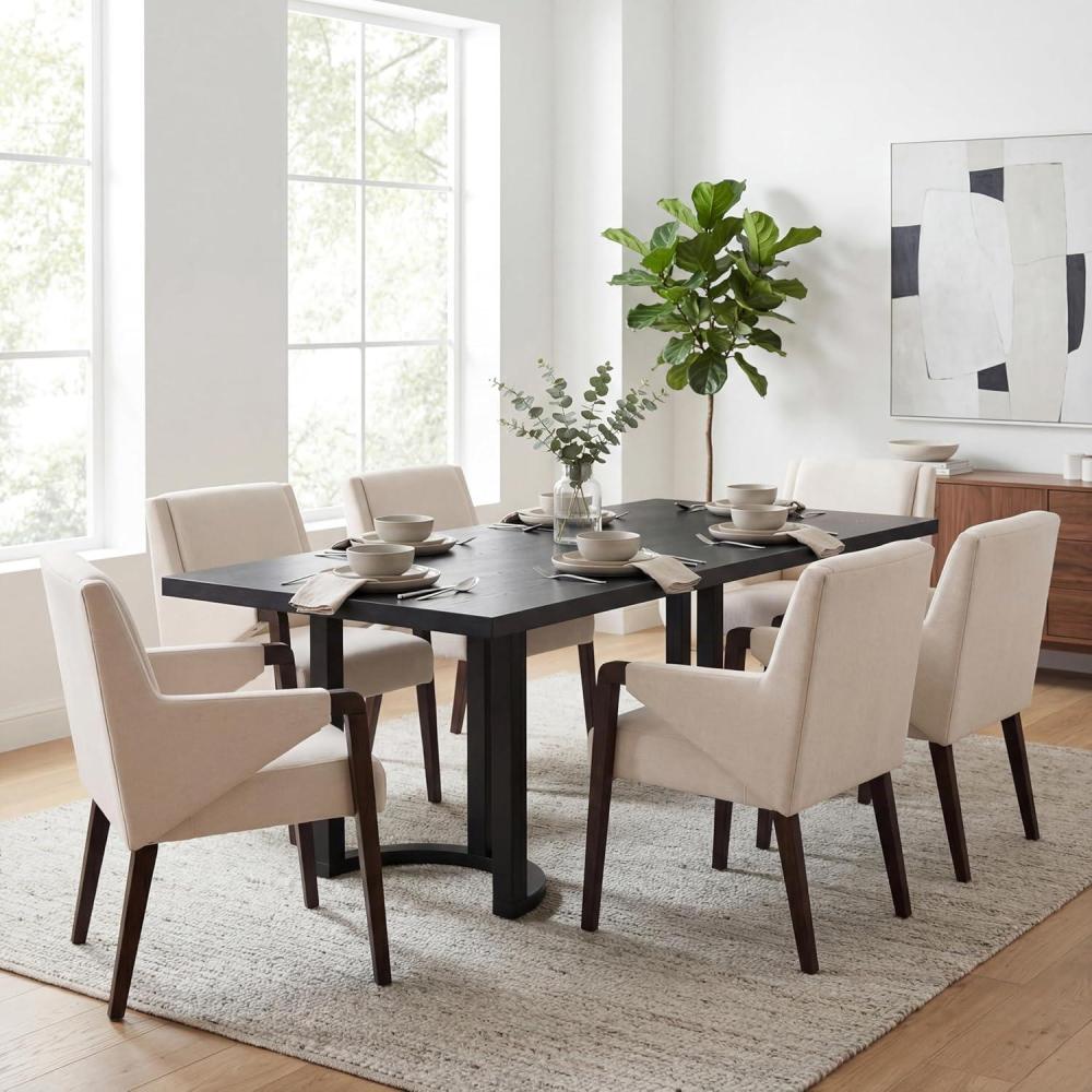 image:imageChristopher Knight Home Mia 7 Piece Dining Table Set for 6 Wooden Table with UShaped Trestle Base amp Upholstered Arm Chairs Dining Set for Kitchen and Dining Room Furniture LinenDark WalnutBlackLinendark Walnutblack