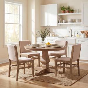 Christopher Knight Home Brean Modern 5 Piece Dining Table Set for 4, Rustic Dining Set with Round Table and 4 Upholstered Chairs, Wooden Kitchen and Dining Room Furniture, Light Natural+Beige