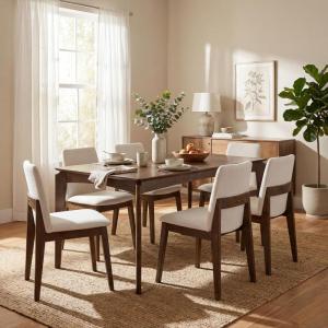 Christopher Knight Home Luci Modern Dining Table Set for 6, Kitchen Table with Dining Chairs Set of 6, Solid Wood Dining Room Table Set for 6, Beige+Walnut(Beige+walnut)