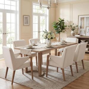 Christopher Knight Home Maya 7 Piece Dining Table Set For 6, Wooden Table With U-shaped Trestle Base And Upholstered Arm Chairs, Modern Dining Set For Kitchen And Dining Room Furniture,Beige+Light Ash