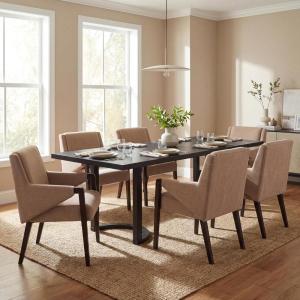 Christopher Knight Home Mia 7 Piece Dining Table Set for 6, Wooden Table with U-Shaped Trestle Base & Upholstered Arm Chairs, Dining Set for Kitchen and Dining Room Furniture, Linen+Dark Walnut+Black(Light Brown+espresso+black)