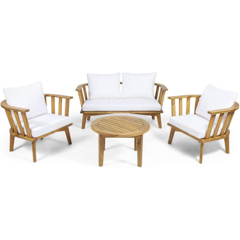 image:imageChristopher Knight Home Helena Outdoor Wooden Chat Set with Round Coffee Table White and Teak Finish