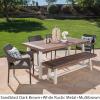 Christopher Knight Home Fletcher Outdoor Stacking Wicker Dining Set with Acacia Wood Table and Bench, 6-Pcs Set, Sandblast Dark Brown / White Rustic Metal / Multibrown