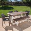 Christopher Knight Home Fletcher Outdoor Stacking Wicker Dining Set with Acacia Wood Table and Bench, 6-Pcs Set, Sandblast Dark Brown / White Rustic Metal / Multibrown
