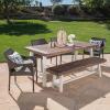 Christopher Knight Home Fletcher Outdoor Stacking Wicker Dining Set with Acacia Wood Table and Bench, 6-Pcs Set, Sandblast Dark Brown / White Rustic Metal / Multibrown