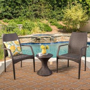 Christopher Knight Home Landry Outdoor Wicker Chat Set with Stacking Chairs and Hourglass Side Table, 3-Pcs Set, Multibrown
