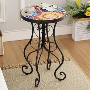 Christopher Knight Home Glady Outdoor Round Side Table, Patio End Table with Ceramic Top and Metal Frame, Small Decorative Accent Table for Patio Garden Porch Balcony, Colorful Gears(Colorful Gears)