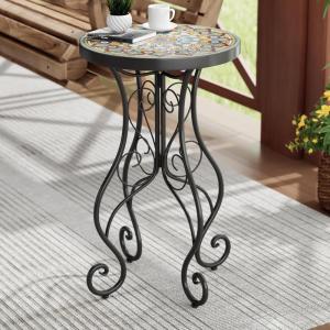 Christopher Knight Home Glady Outdoor Round Side Table, Patio End Table with Ceramic Top and Metal Frame, Small Decorative Accent Table for Patio Garden Porch Balcony, Colorful Gears(Mandala)