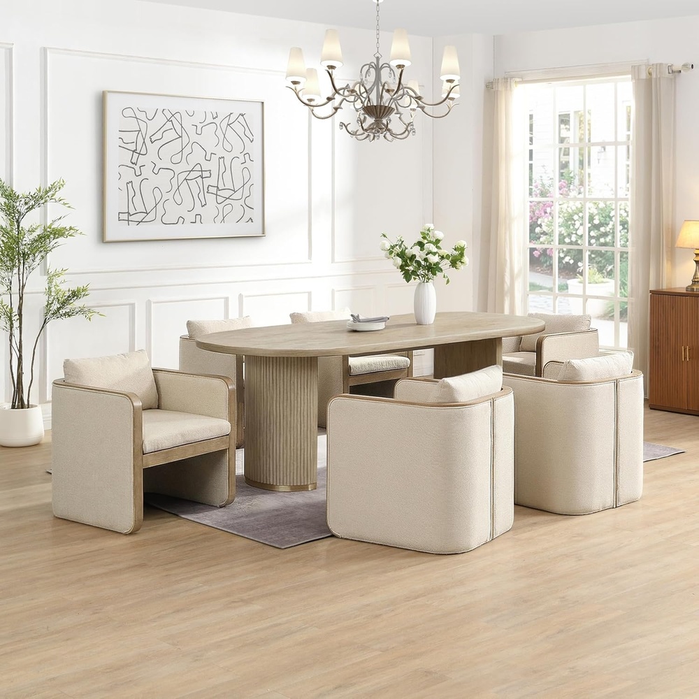 image:imageChristopher Knight Home Cabelo Modern Dining Table Set for 6 Oval Kitchen Table and Dining Chairs Set of 6 Rubberwood Dining Room Table Set for 6 AlmondWalnutBeigenatural