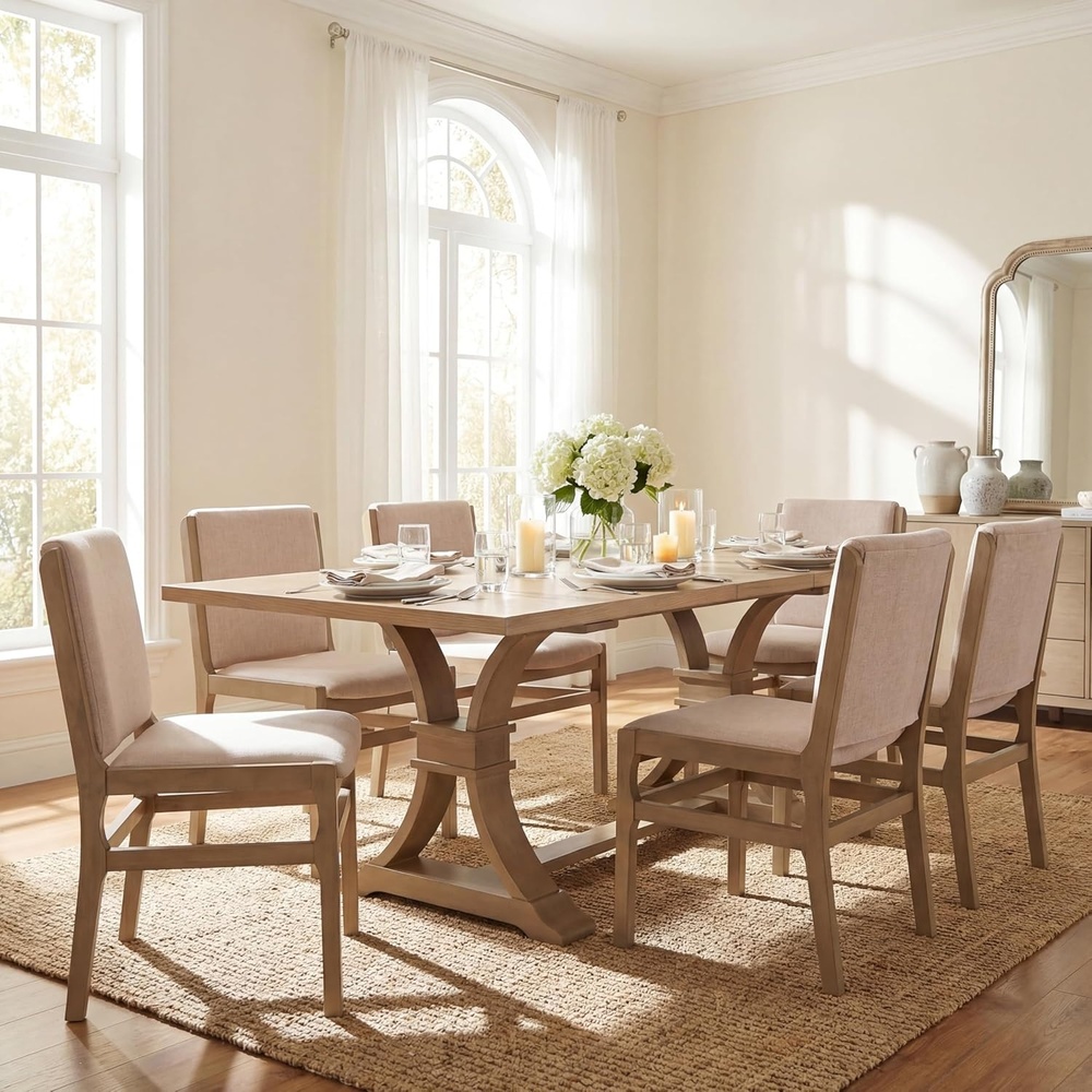 image:imageChristopher Knight Home Chady Wooden 7 Piece Dining Table Set with Chairs Modern Extendable Dining Room Table Set with XFrame Upholstered Dining Chairs Set of 6 for Kitchen WalnutBeigeLight Naturalbeige